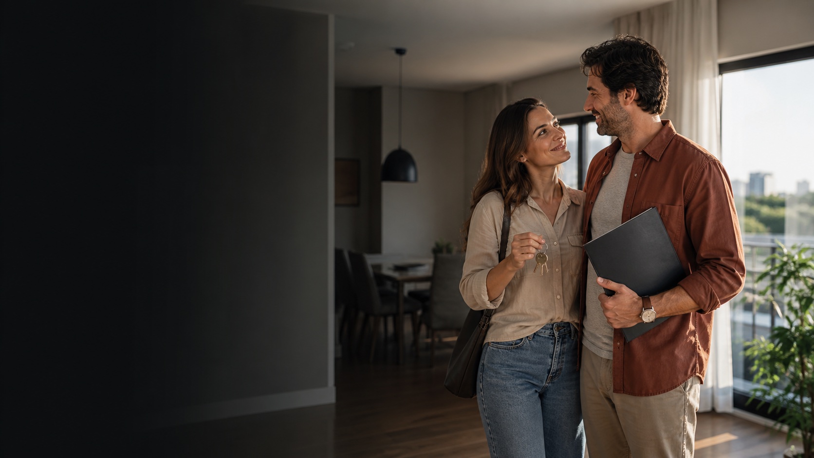 Casal brasileiro imaginando a vida no novo apartamento